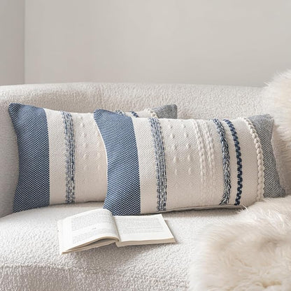 Boho Throw Pillow Covers 12x20 Inch Set of 2, Navy Blue Textured Decorative Couch Pillow Cases for Farmhouse Home Decor, Accent Cushion Cover for Sofa, Bed, Living Room, Bedroom
