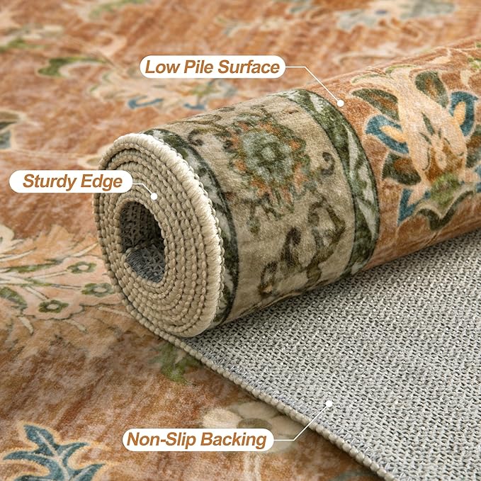 Tangsoo 3x5 Floral Area Rug Washable Non-Slip Low Pile Vintage Boho Distressed Carpet for Bedroom, Entryway, Kitchen, Office, Foyer Decor - Pet & Child Friendly (Terracotta)