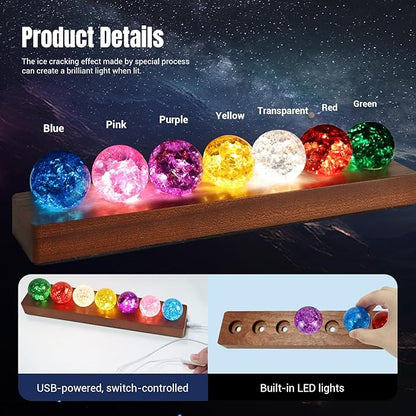 LOSCHEN 7 Colors Ice Cracked Balls, Core Memories Crystal Balls with LED Sapele Wood Base, Natural Healing Spheres Set for Home Living Room Meditation Positive Energy Decoration Balls