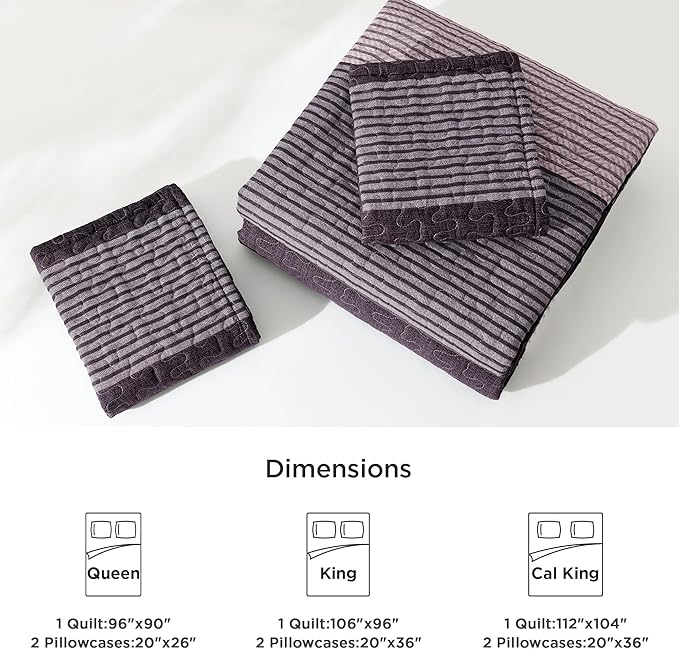 Litanika Quilt Queen Size Purple and Grey, Stripe Patchwork Summer Bedspread Coverlet 3 Pieces, Soft Lightweight Microfiber Quilted Bedding Set for All Season(1 Quilt, 2 Pillowcases)