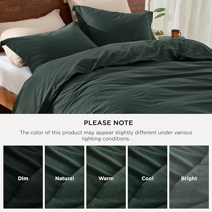 Bedsure 100% Washed Cotton Duvet Cover Queen Size - Forest Green Minimalist Cotton Duvet Cover Linen Like for All Seasons - GentleSoft™ Plain Simple Bedding (Forest Green, Queen, 90"x90")