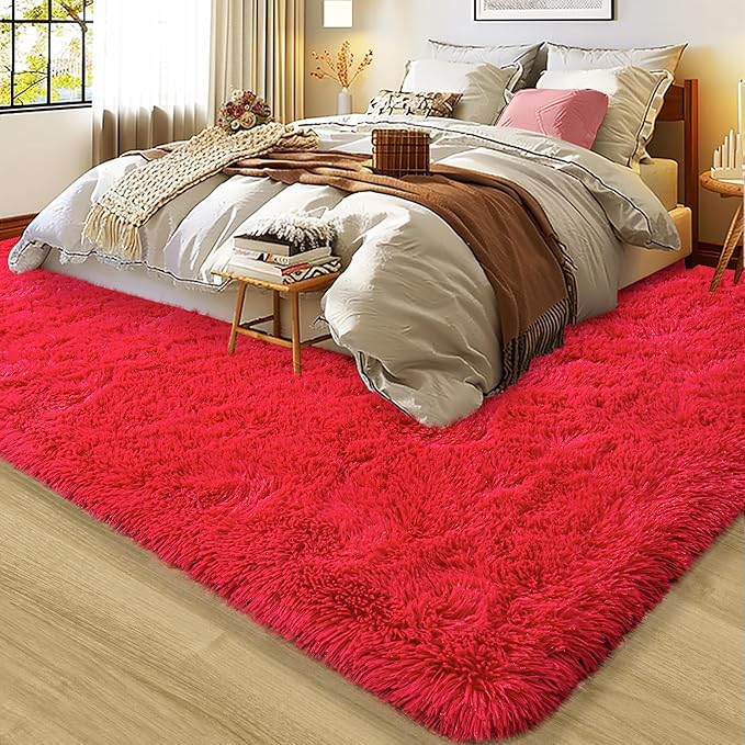 Large 9x12 Area Rugs for Living Room, Soft Shag Thick Fluffy Rug for Bedroom, Non Slip Plush Fuzzy Carpet for Girls Boys Kids Dorm Rug for Home Decor Aesthetic, Red