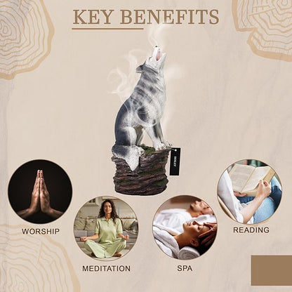 Hosley Incense Burner, Cone Incense Holder, Resin Wolf Décor 12 Inch Height, Aromatic Ambiance, Ideal for Home Décor, Office, Living Room, Spa, Meditation Space, Unique Gift for Wild Lovers