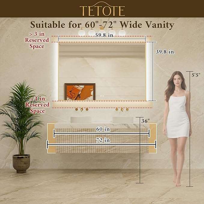 TETOTE 60 x 40 Backlit Bathroom Mirror Brushed Nickel Metal Frame LED Light Vanity 3-Color White/Warm/Natural Stepless Dimmable Anti-Fog Backlight Mirror Wall-Mounted