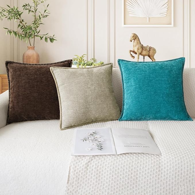 CaliTime Throw Pillow Covers Decorative 22 X 22 Inches Pack of 2 Cotton Thread Stitching Edges Solid Dyed Soft Chenille Cushion Cases for Couch Sofa Bed Living Room Farmhouse Light Taupe