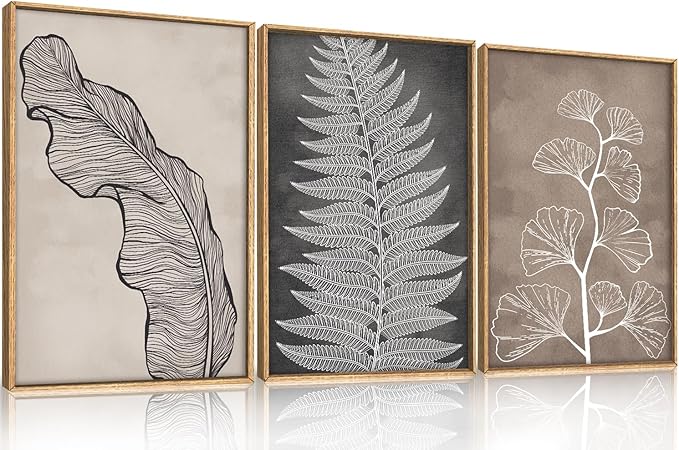 HLNIUC Botanical Neutral Framed Wall Art Set, Abstract Fern Leaf Canvas Wall Decor, Vintage Rustic Plant Wall Painting, Black Beige Nature Art Print for Living Room, Bedroom, Office - 24"x36"x3