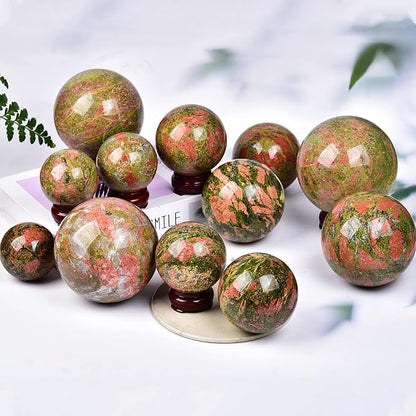 JIC Gem Healing Crystal Sphere Ball with Wood Stand Natural Unakite Rock Gemstone Sphere Crystal Orbs for Meditation Grid Decor (80-90mm)