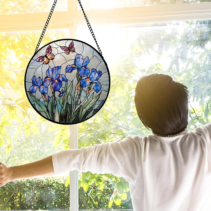 DASTOLL Stained Glass Window Hanging, Blue Iris Flowers Butterfly Suncatcher Diamond Colorful Glass Panel Sun Catchers Decor for Birthday for Women, Men, Wife, Aunt, and Mom 6.3 in
