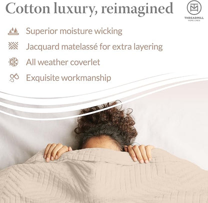 Threadmill Luxury Cotton Blankets for Queen Size Bed | All-Season 100% Cotton Queen Size Blanket | Aster Jacquard Cozy Lightweight, Soft Breathable Coverlet fits Full Size Bed, 90x92 | Vanilla Cream