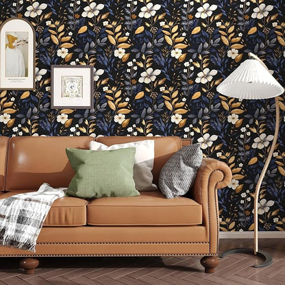 Vintage Dark Floral Wallpaper Peel and Stick Blue/Gold Leaf Wallpaper Waterproof Self Adhesive Removable Boho Wall Paper Modern for Bedroom Walls Drawer Cabinet 17.5in x 197in