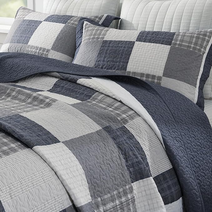 100% Cotton Quilts King Size, King Quilt Bedding Set Bedspread, Patchwork Plaid Quilt for King Bed, 3 Pieces Farmhouse Reversible Lightweight Comforter Bed Spread, Blue/Beige/White