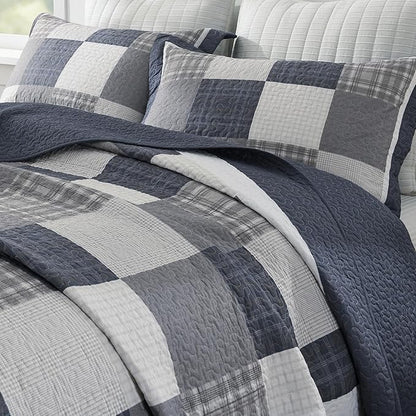100% Cotton Quilts King Size, King Quilt Bedding Set Bedspread, Patchwork Plaid Quilt for King Bed, 3 Pieces Farmhouse Reversible Lightweight Comforter Bed Spread, Blue/Beige/White