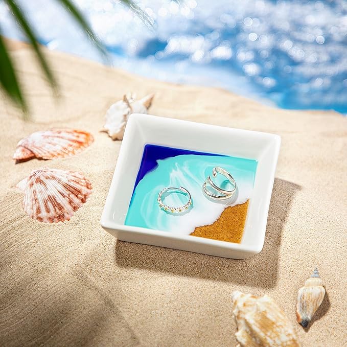 Ocean Jewelry Tray Beach Dish Ceramic Resin Trinket Dish Jewellery Plate Engagement Wedding Ring Holder Necklace Ear Ring Storage Ocean Art Gift for Women Christmas Housewarming Present