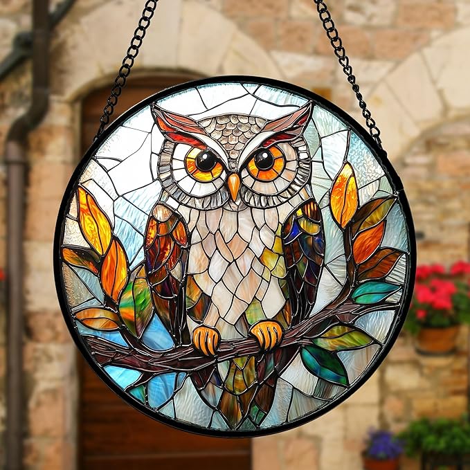 DASTOLL Stained Glass Window Hanging, Owl Colorful Leaves Birds Sun Catchers Diamond Glass Panel Hangings Suncatcher Decor for Birthday for Women, Men, Wife, Aunt, and Mom 6.3 in