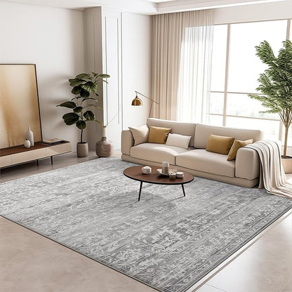 8x10 Area Rugs for Living Room, Stain Resistant Washable Rugs for Dining Room, Kitchen, Floral Vintage Non-Slip Thin Gray Large Area Rug(Grey, 8'x10')