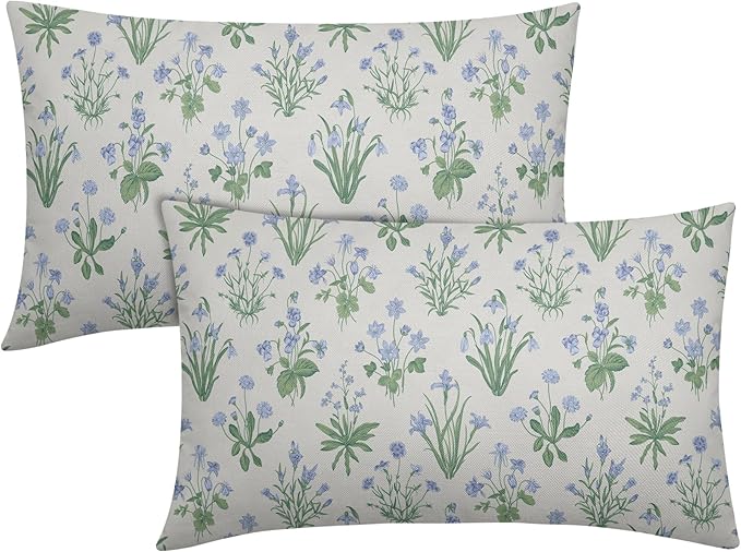 Sage Green Blue Block Print Pillow Covers 12x20 Set of 2 Decorations Vintage Floral Throw Pillow Covers Decor Cozy Soft Rustic Pillowcases Farmhouse Flower Printed for Sofa Bed Home Decorative