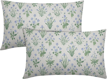 Sage Green Blue Block Print Pillow Covers 12x20 Set of 2 Decorations Vintage Floral Throw Pillow Covers Decor Cozy Soft Rustic Pillowcases Farmhouse Flower Printed for Sofa Bed Home Decorative