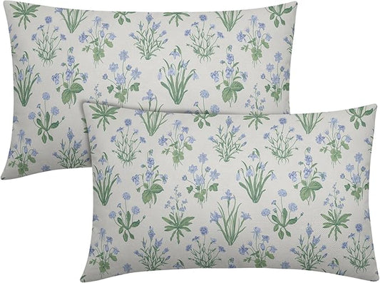 Sage Green Blue Block Print Pillow Covers 12x20 Set of 2 Decorations Vintage Floral Throw Pillow Covers Decor Cozy Soft Rustic Pillowcases Farmhouse Flower Printed for Sofa Bed Home Decorative