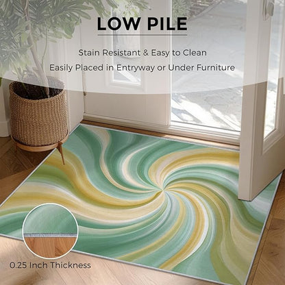 3x5 Yellow Green Swiral Rugs for Bedroom Decor, Washable Modern Abstract Art Pattern Area Rug, Living Room Home Decoration, Non Slip Soft Thin, Trippy Hippie Spiral Decor Carpet PF-P 56