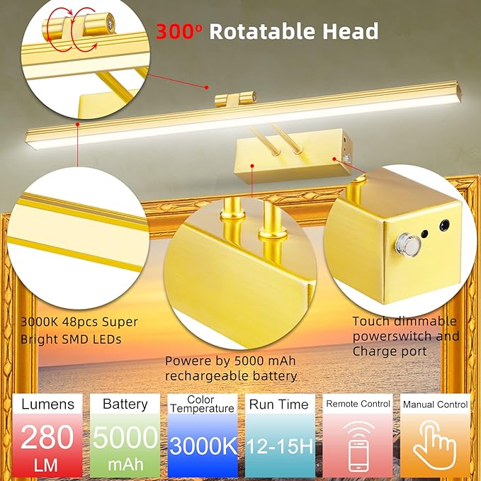 FUNCHDAY Picture Light,5000mAh Battery Operated Picture Light for Wall,Wireless Remote Painting Light with Timer and Dimmable,16”Metal Art Light for Display,Wall,Artwork,Portrait,Gallery -Brass