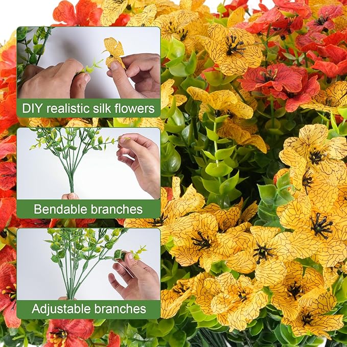 Artificial Fall Flowers for Outdoor Indoor Realistic Faux Flower Garden Home Decoration, Hanging Autumn Fall Decor Daisy with Eucalyptus Leaves Fake Plants Greenery Porch Patio Front Door Decors