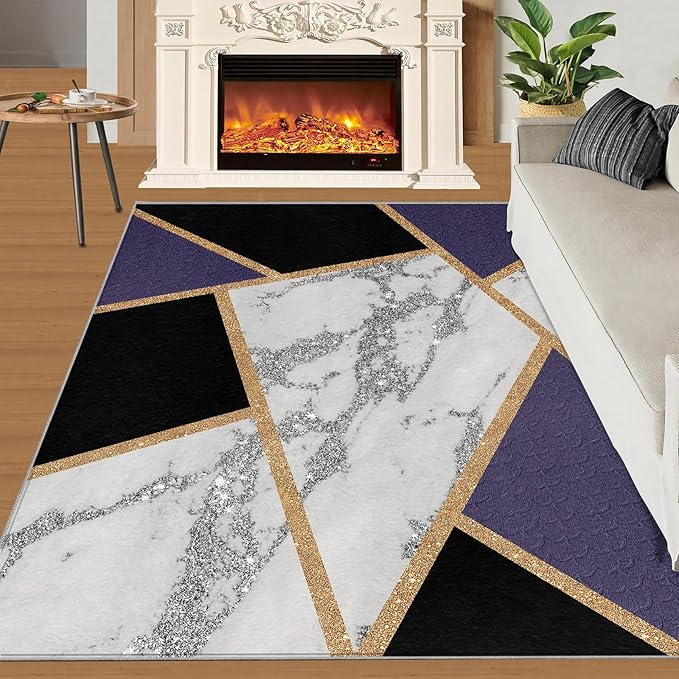 Black Gold Marble Area Rugs Geometric Marble Area Rug Modern Minimalist Carpet Irregular Geometric Patchwork Carpet Low Pile Non-Slip Rug for Living Room 6x9ft
