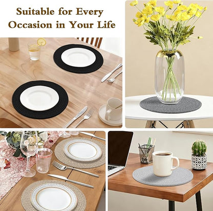 Round Placemats Set of 6 with Holder, Cotton Rope Woven Place Mats, Hot Pads for Kitchen, Heat Resistant Table Mats, 13 Inch Farmhouse Washable Braided Placemat for Kitchen Decor (Black)