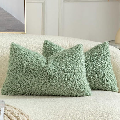 Yaertun Pack of 2 Faux Fur Throw Pillow Covers Decorative Sherpa Boucle Pillow Covers Fuzzy Soft Pillowcases Sheepskin Fleece Cushion Case for Couch Sofa Bed Living Room 12x20 Inch Sage Green