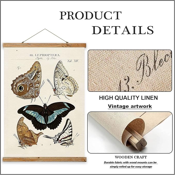 Vintage Butterfly Hanging Posters, Retro Style of Wall Art Prints, Printed on Linen with Wood Frames, Ready to Hang