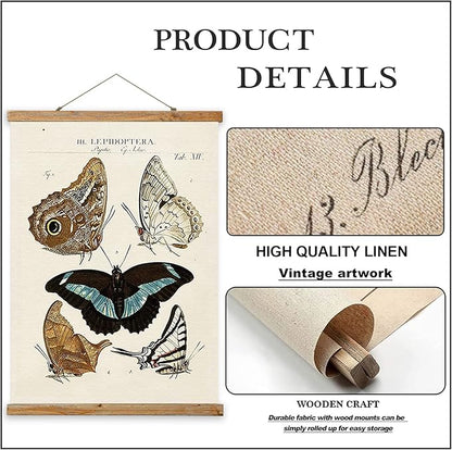 Vintage Butterfly Hanging Posters, Retro Style of Wall Art Prints, Printed on Linen with Wood Frames, Ready to Hang