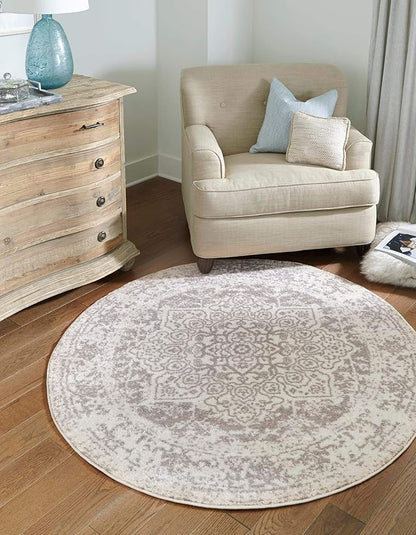 Rugs.com Arlington Collection Rug – 8 Ft Round White Medium-Pile Rug Perfect for Kitchens, Dining Rooms