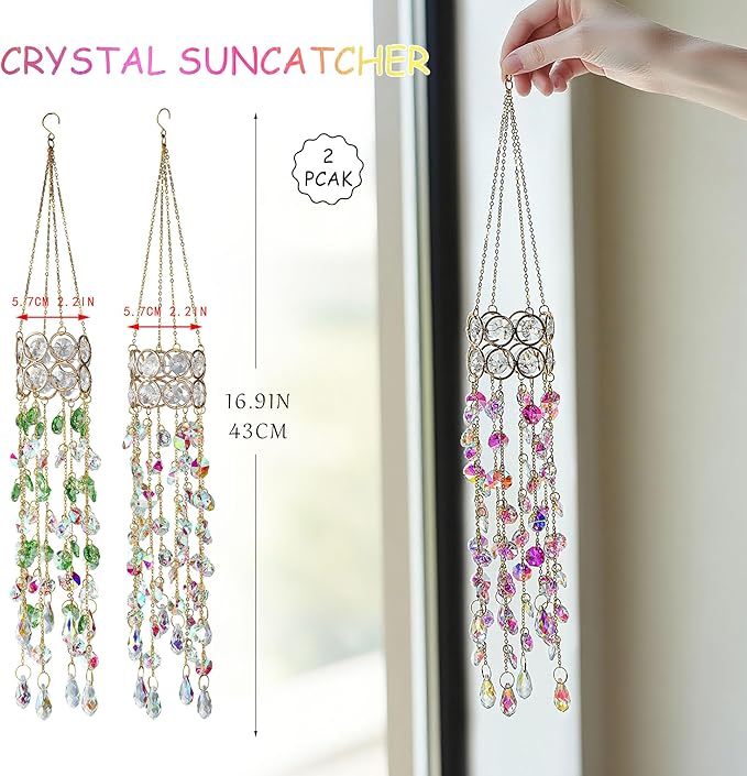 HDCRYSTALGIFTS 2 Pack Crystal Suncatchers for Window Hanging, Rainbow Maker Crystal Prism Sun Catcher Indoor Window Outdoor Home Garden Decor Retirement Gift,17inch