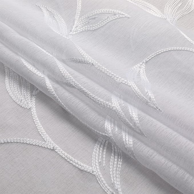 VISIONTEX White Sheer Curtains 63 Inch Length 2 Panels Set Embroidered Floral Leaf Pattern Rod Pocket Semi Sheer Voile Window Curtains/Drapes for Bedroom Living Room 54 x 63 Inches