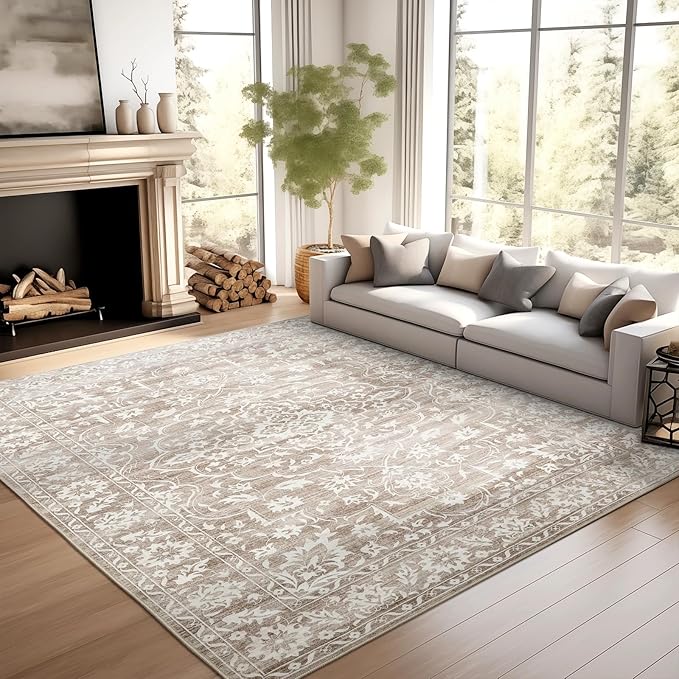 9x12 Area Rugs for Living Room, Stain Resistant Neutral Washable Rugs for Dining Room, Bedroom, Floral Vintage Non-Slip Extra Large Area Rug(Light Brown, 9'x12')