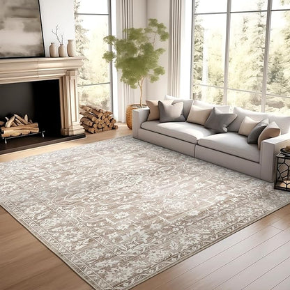 9x12 Area Rugs for Living Room, Stain Resistant Neutral Washable Rugs for Dining Room, Bedroom, Floral Vintage Non-Slip Extra Large Area Rug(Light Brown, 9'x12')