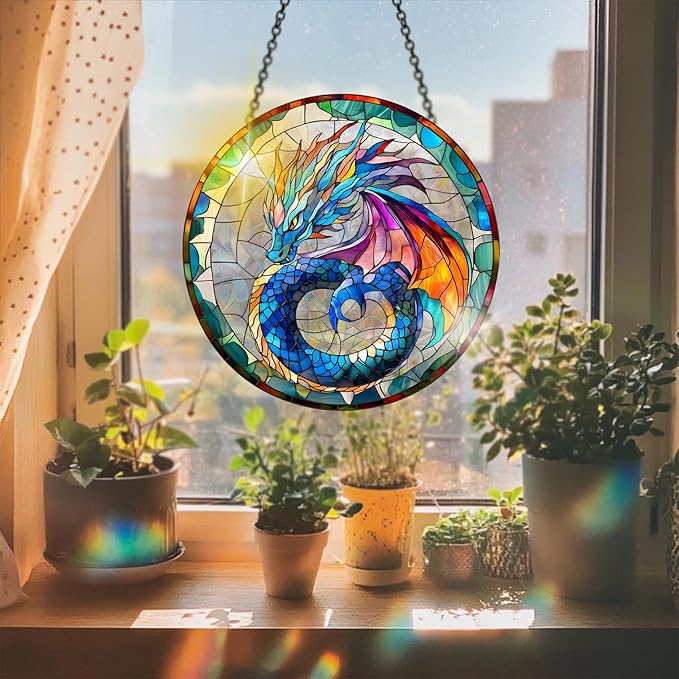 VAIIEYO Dragon Acrylic Sun Catcher Window Hanging Decoration, 7.8 Inch Double-Sided Light Reflecting Ornament for Window, Garden, Porch or Balcony Decor, Housewarming, Gift for Natural Lovers