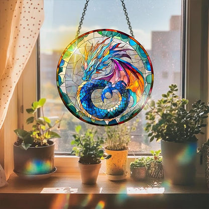 VAIIEYO Dragon Acrylic Sun Catcher Window Hanging Decoration, 7.8 Inch Double-Sided Light Reflecting Ornament for Window, Garden, Porch or Balcony Decor, Housewarming, Gift for Natural Lovers