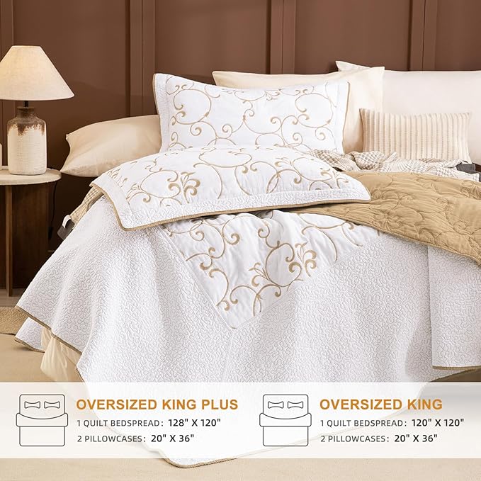 Sanracie Oversized King Quilt 128"x120",100% Cotton California King Bedspreads Extra Large Lightweight Embroidery Pattern Bedding Coverlet Set 3Pcs Gold and White Quilted Bedding Set All Season