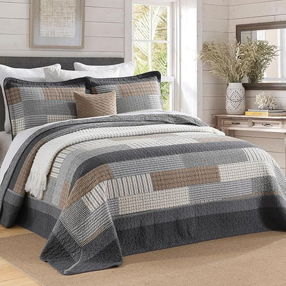 128"x120" Cotton Oversized King Bedspread Coverlet, Gray Plaid Extra Large Quilt Set with Pillow Shams, Lightweight Farmhouse Reversible Quilted Bedspreads, All Season, 3 Piece