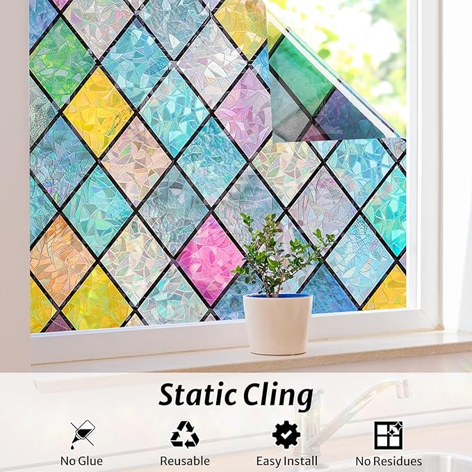 rabbitgoo Stained Glass Window Film Rainbow Film Decorative 3D Privacy Sticker Colorful Lattice Window Decals Cling, Sun Catcher Static Decals for Home 29.5" x 118.1"