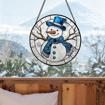 Stained Glass Window Hanging Christmas Snowman Blue White Large 11.8" - Suncatcher Door Garden Sun Catcher Home Decor Birthday Mother's Day Xmas Gift for Mom Men Woman Her Nana Parents Girl