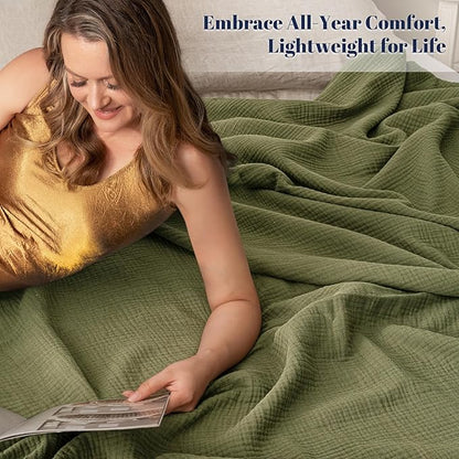 PHF 100% Cotton Muslin Throw Blanket 50" x 60", 4-Layer Lightweight Gauze Throw, Breathable Cloud-Soft Minimalist Blanket for Bed, Couch, Camping & Baby, Olive Green, Ideal Gift
