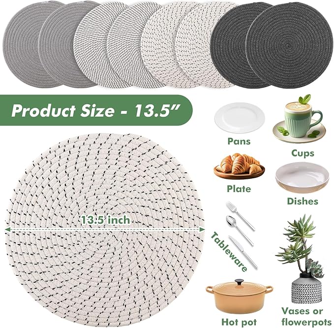 Round Woven Placemats Set of 8 Heat Resistant Placemats 13.5 Inches Farmhouse Cotton Rope Place Mats for Dining Tables Trivets for Hot Dishes, Grey Set