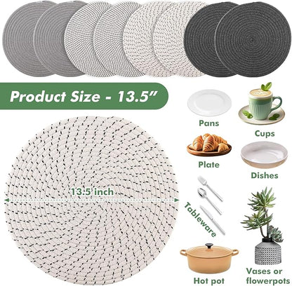 Round Woven Placemats Set of 8 Heat Resistant Placemats 13.5 Inches Farmhouse Cotton Rope Place Mats for Dining Tables Trivets for Hot Dishes, Grey Set
