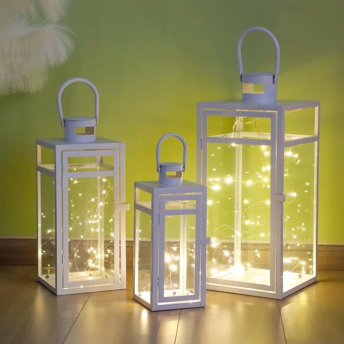 TRIROCKS Metal Candle Lantern Set of 3 - Assorted Sizes (12/15/19 Inch) - Tall Metal Hanging Lanterns with Tempered Panels Indoor & Outdoor Home Decor for Christmas Parties & Events - White Finish