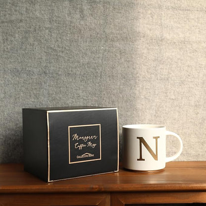 COLLECTIVE HOME - Monogram Ceramic Mugs, 15 oz Golden Initial Coffee Cups, Elegant Alphabet Tea Mugs, Elegant Personalized Mug with Gift Box, Unique Mug with Double Side Capital Letter (N)