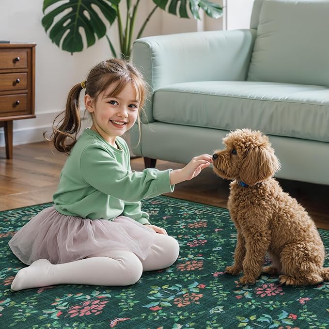 Tangsoo 5x7 Washable Area Rug, Non Slip Green Floral Indoor Rug, Soft Low Pile Floor Carpet for Living Room, Bedroom, Dining Room, Pet & Child Friendly Room Decor, Easy to Clean