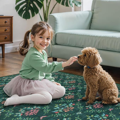 Tangsoo 5x7 Washable Area Rug, Non Slip Green Floral Indoor Rug, Soft Low Pile Floor Carpet for Living Room, Bedroom, Dining Room, Pet & Child Friendly Room Decor, Easy to Clean