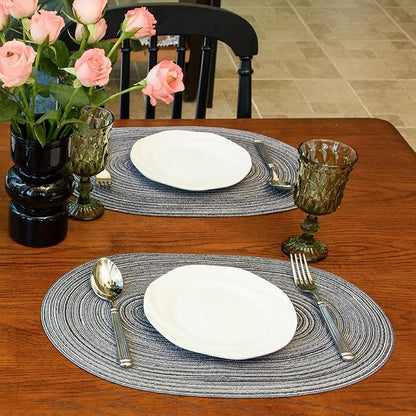 Noctiflorous Oval Braided Placemats Set of 8 Woven 12x18 Inch Non Slip Washable Heat Resistant Place Mats Tablemats for Dining Kitchen Party Daily Table Decor Dinner Mats (Gray Black, 8)