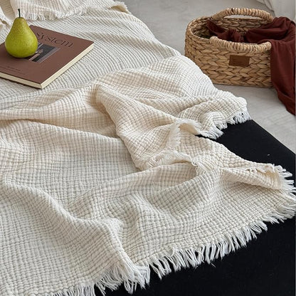 MorroMorn 100% Cotton Muslin Blanket with Fringes Twin Size 60"x80", 4-Layer Gauze Blankets for Adults, Boho Bedding Breathable Lightweight Ultra-Soft for Couch Bed All Seasons, Linen Beige